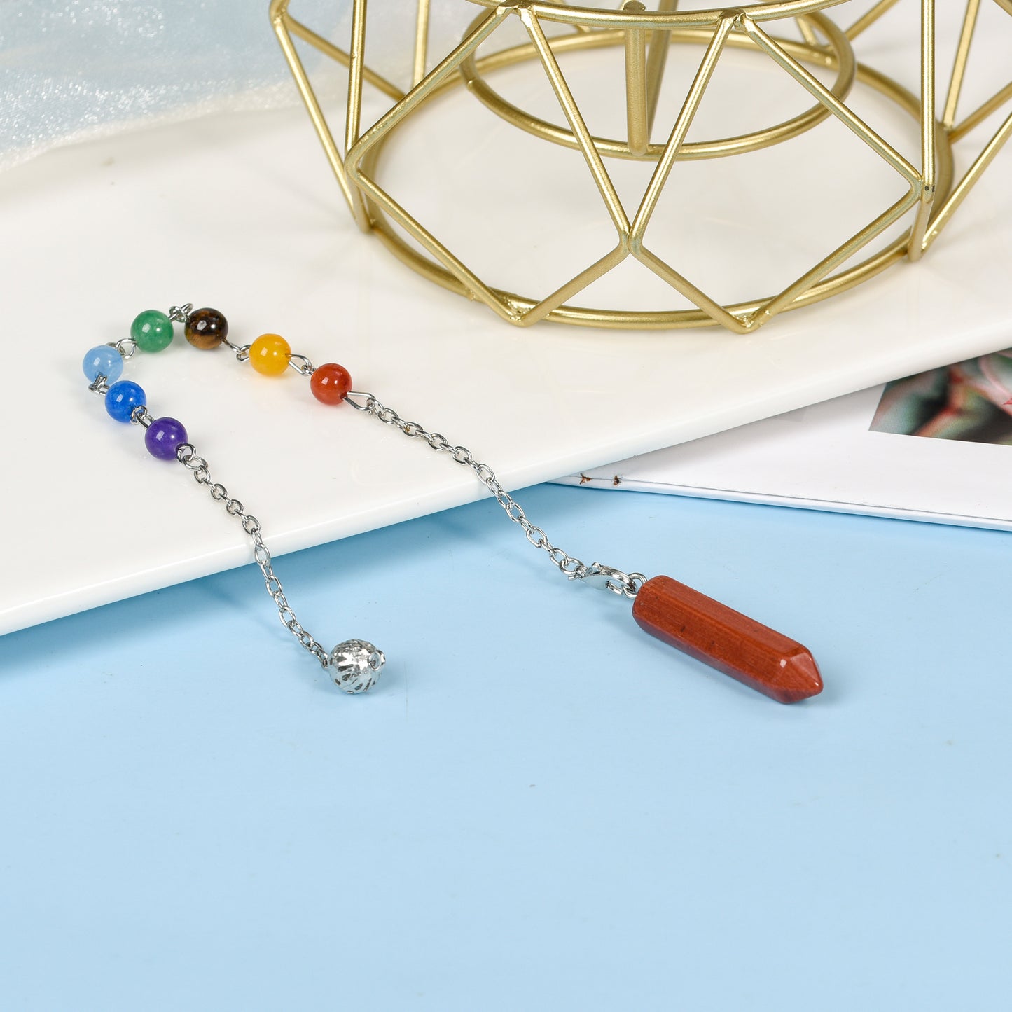 Chakra Beads Crystal Hexagonal Terminated Point Pendulum